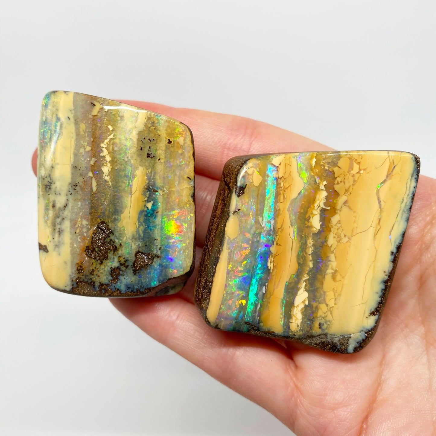 490 Ct rainbow boulder opal 'split' specimen pair